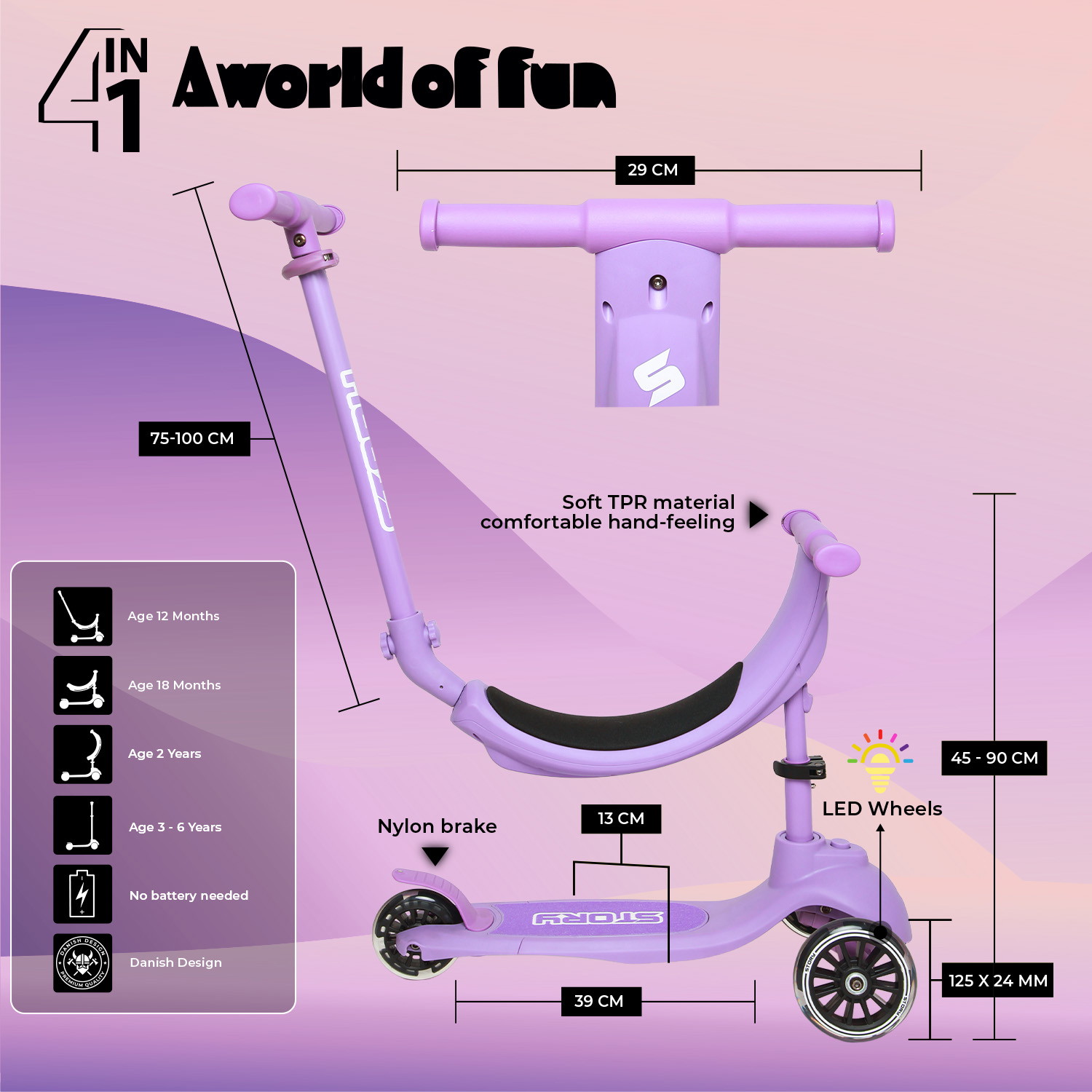 Story 4in1 LED Kinderroller mit 3 Rädern