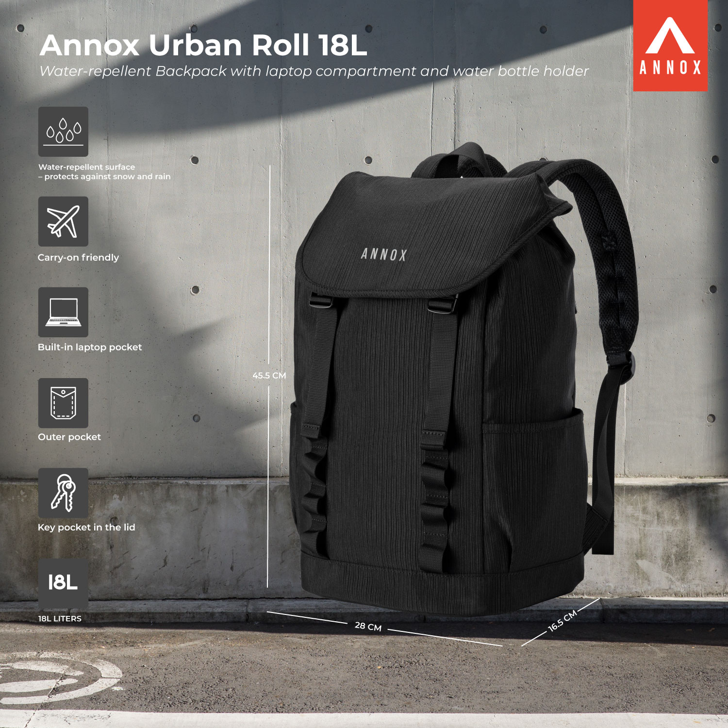 Annox Urban Roll 18L – Wasserabweisender Rucksack mit Laptopfach und Flaschenhalter