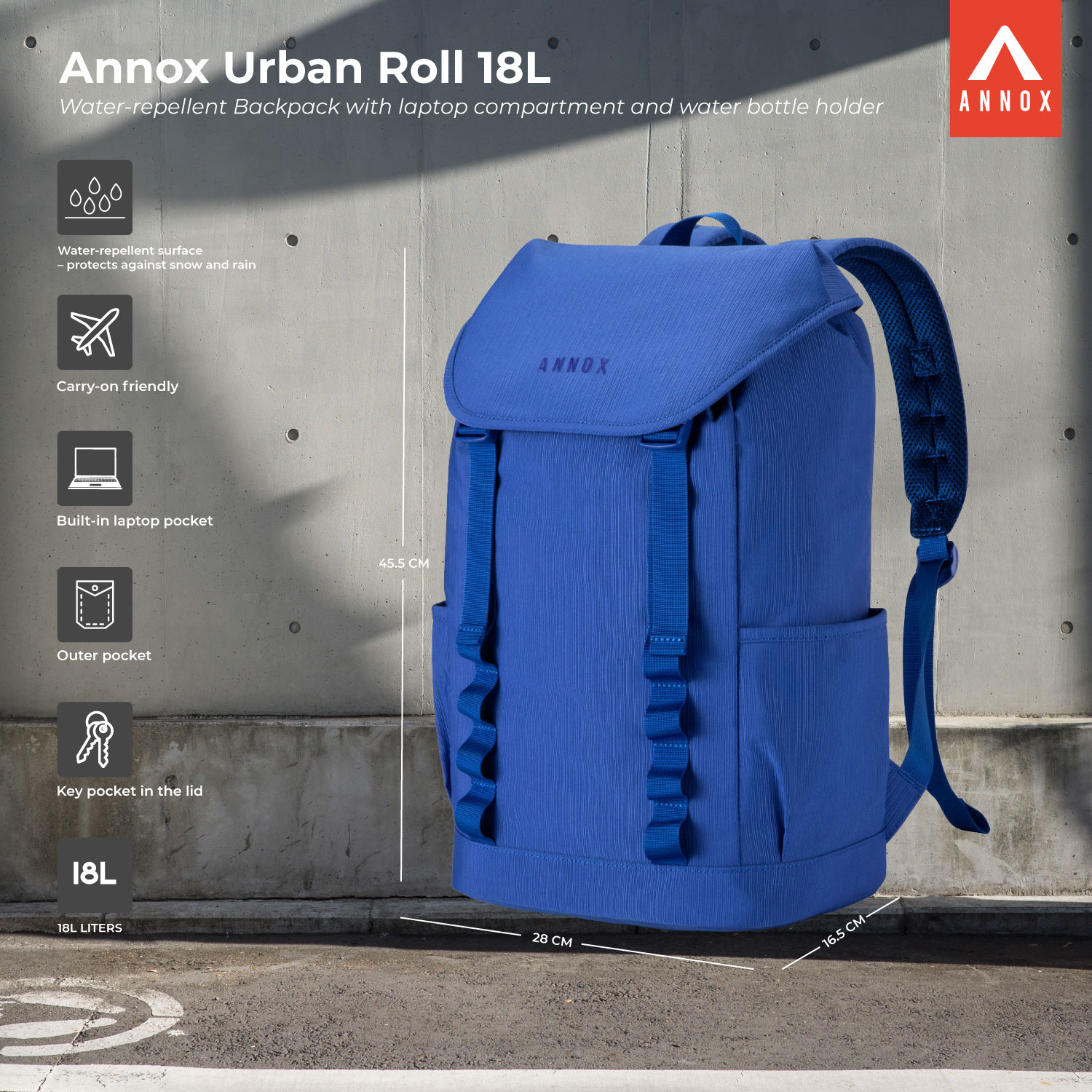 Annox Urban Roll 18L – Wasserabweisender Rucksack mit Laptopfach und Flaschenhalter