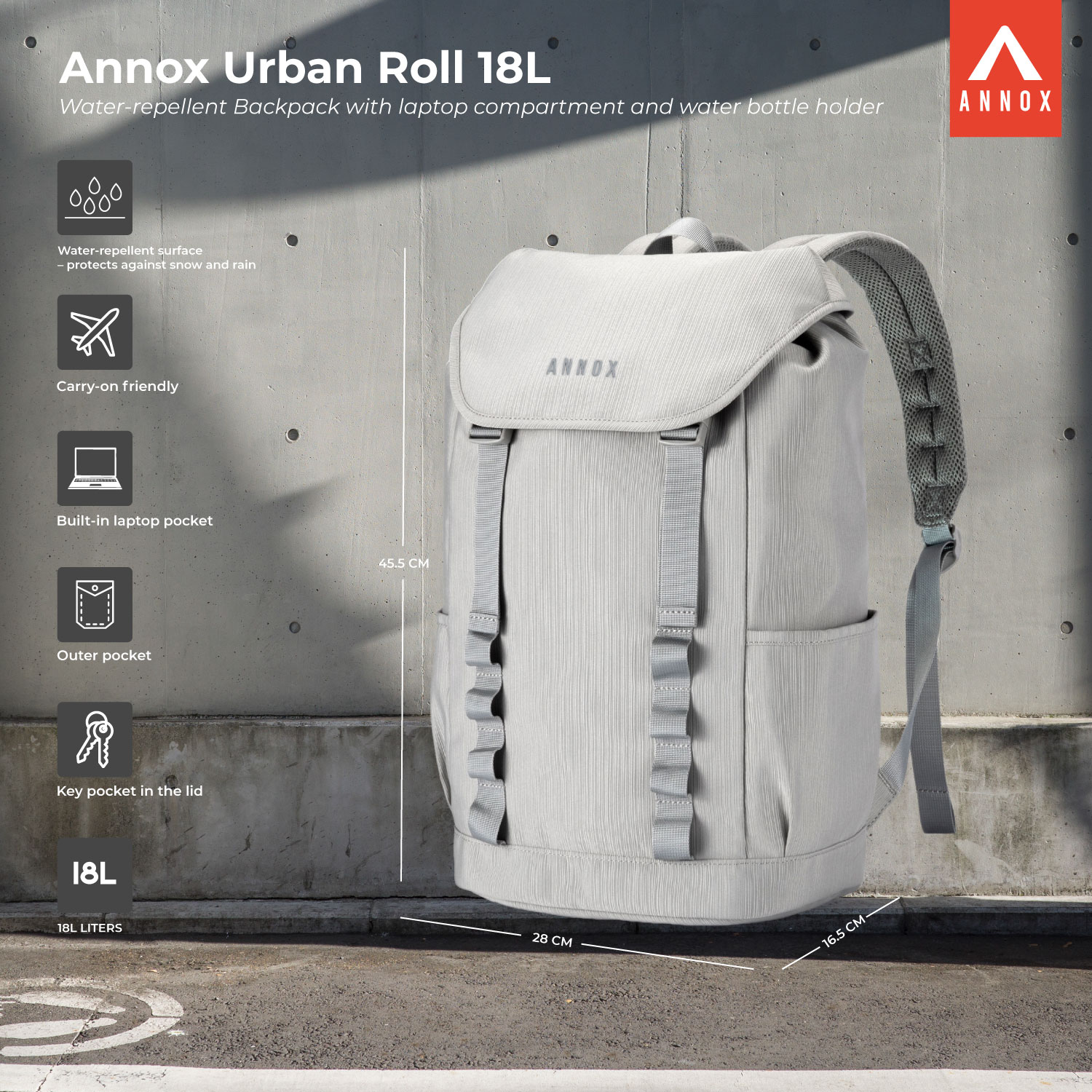 Annox Urban Roll 18L – Wasserabweisender Rucksack mit Laptopfach und Flaschenhalter