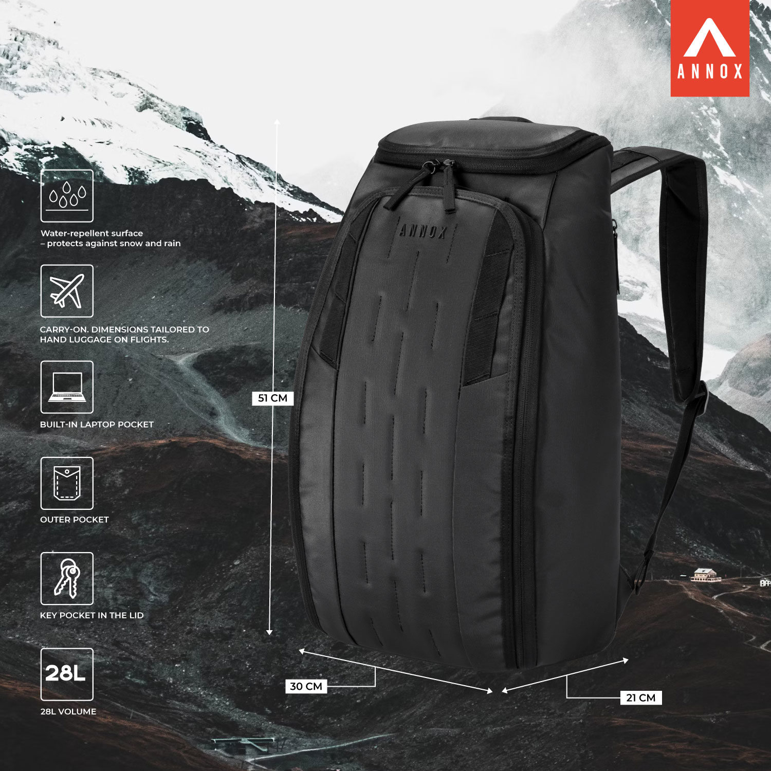 Annox Vault 28L - Wasserabweisender Rucksack für Skifahren, Sport und Reisen